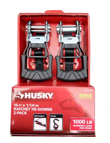 Husky 16 ft. 1.25 in. Ratchet Tie-Down Straps with S-Hook (2-Pack)