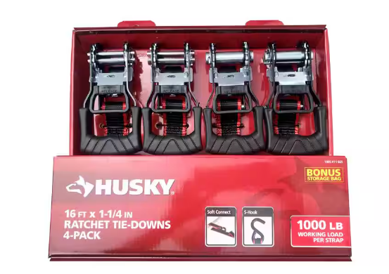 Husky 16 ft. 1.25 in. Ratchet Tie-Down Straps with S-Hook (4-Pack)