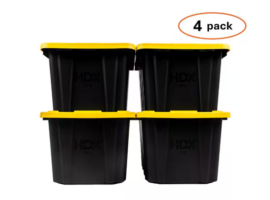 HDX 27 Gal. Tough Storage Tote in Black with Yellow Lid 4-Pack