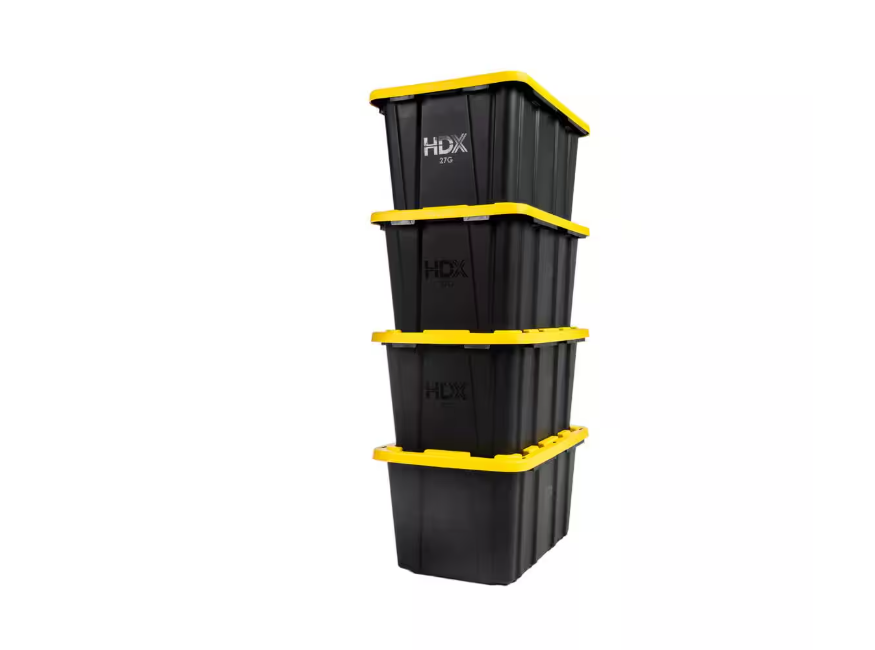 HDX 27 Gal. Tough Storage Tote in Black with Yellow Lid 4-Pack