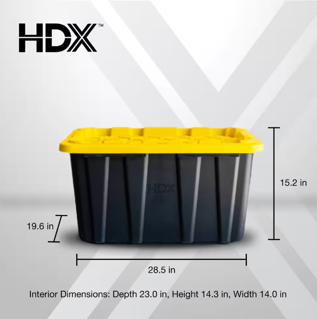 HDX 27 Gal. Tough Storage Tote in Black with Yellow Lid 4-Pack