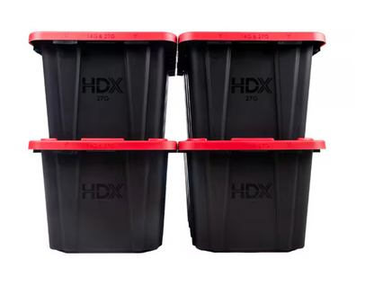 HDX 27 Gal. Tough Storage Tote in Black with Red Lid (4-Pack)