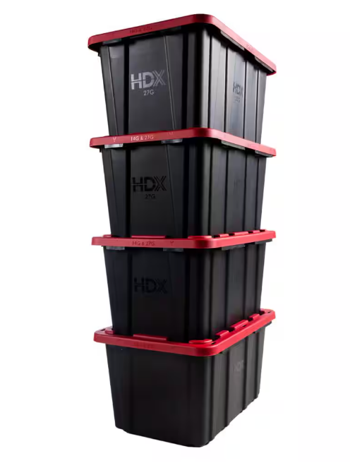 HDX 27 Gal. Tough Storage Tote in Black with Red Lid (4-Pack)