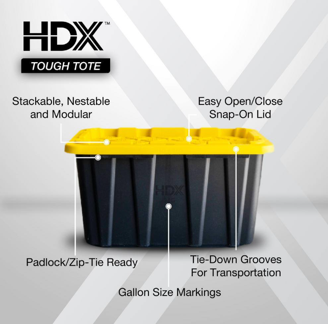 HDX 27 Gal. Tough Storage Tote in Black with Yellow Lid 4-Pack