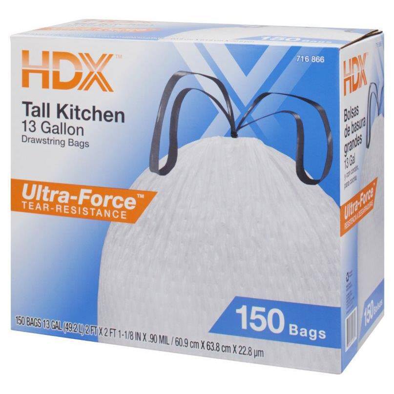 HDX 13 Gal. Flex White Drawstring Tall Kitchen Trash Bags with 10% PCR (150-Pack)